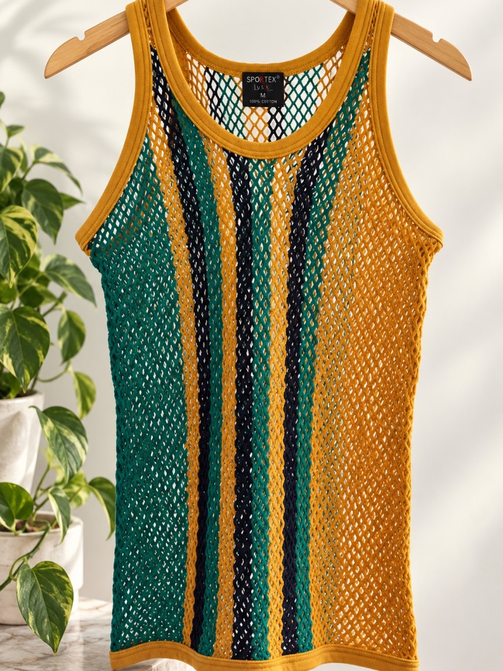 Vintage Sportex U.S. Men’s/Unisex Medium Cotton Mesh Tank – Green Black Yellow